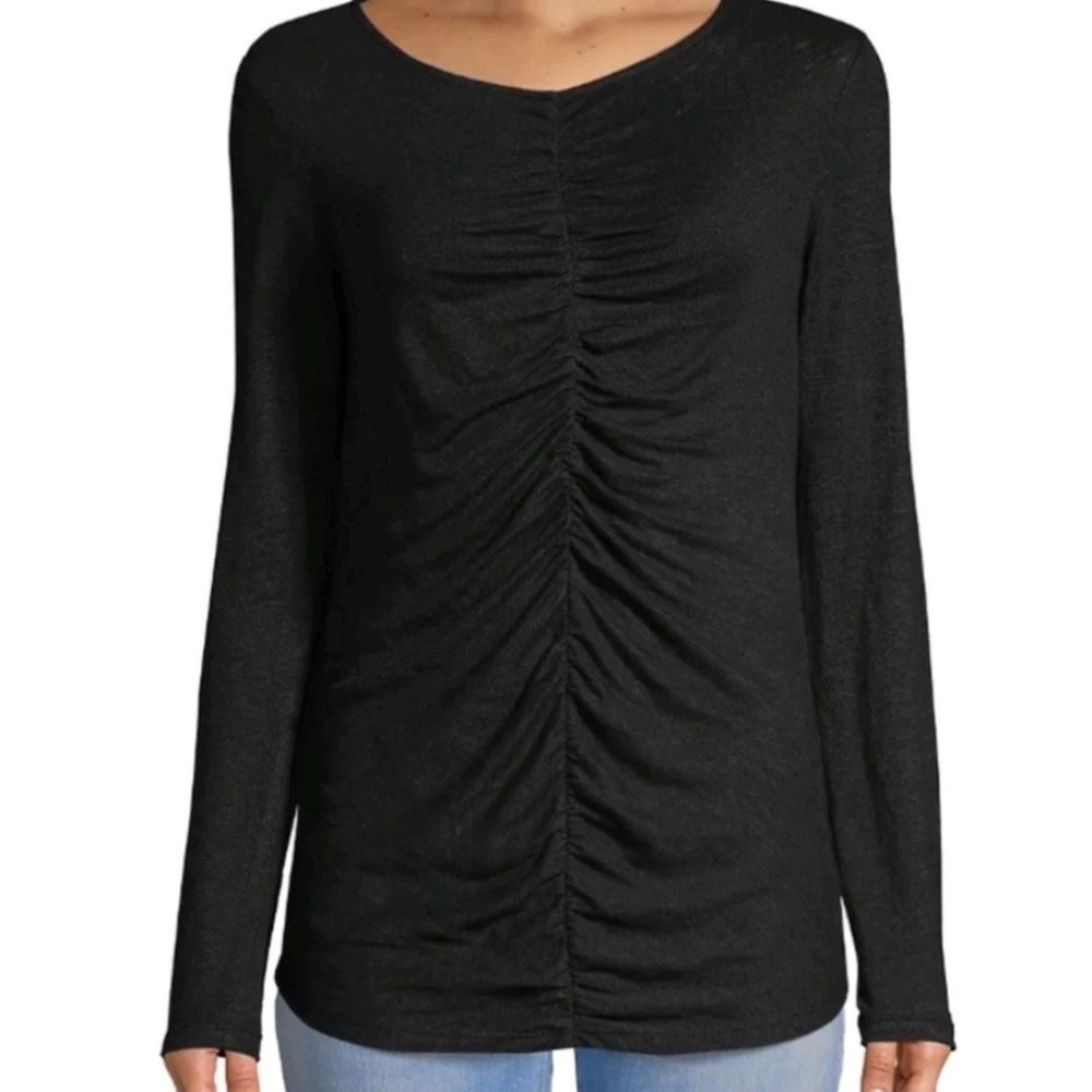 Frame Noir Black 100% Linen Ruched Front Long Sleeve Top Size XS LWTS0594